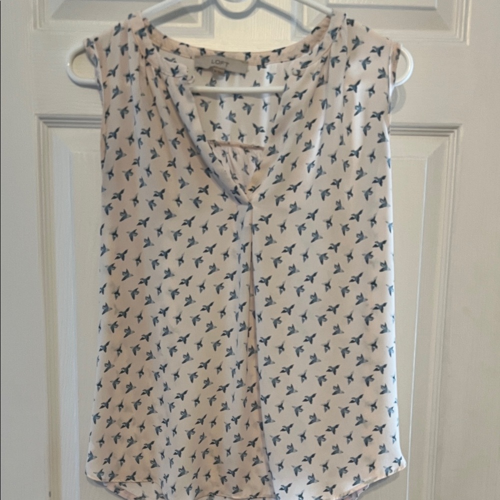 LOFT Cream and Blue Bird Print Blouse medium